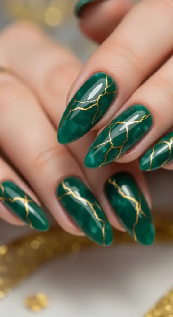 emerald-marble-nails-with-golden-veins