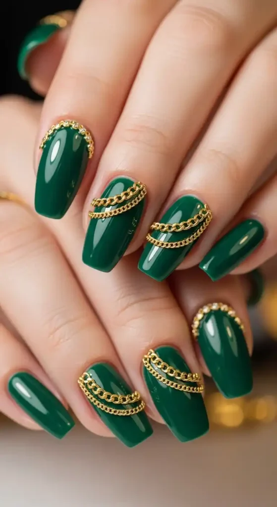 emerald-nails-with-golden-chain-accents