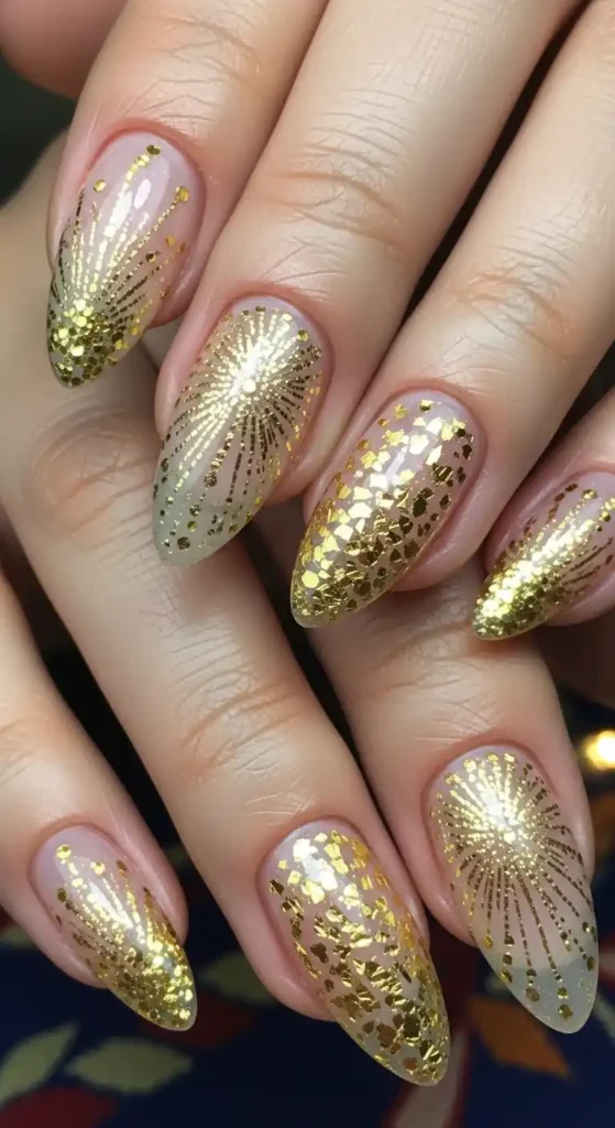 firework-inspired-gold-sparkle-nails