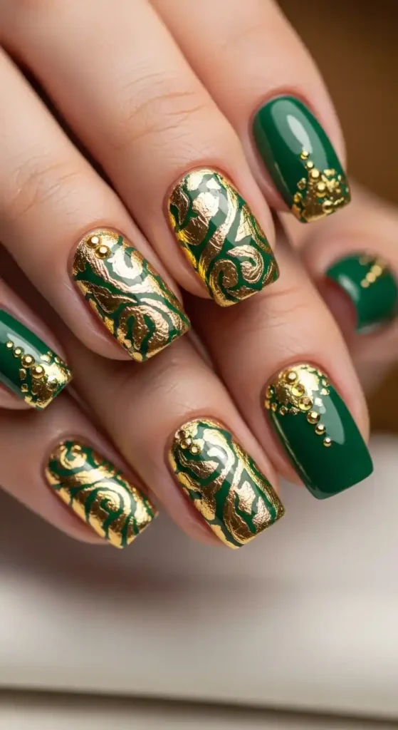 gold-foil-and-emerald-swirl-nails