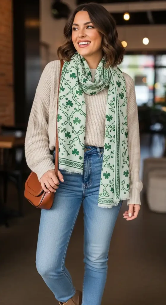 green-patterned-scarf-with-neutral-outfit