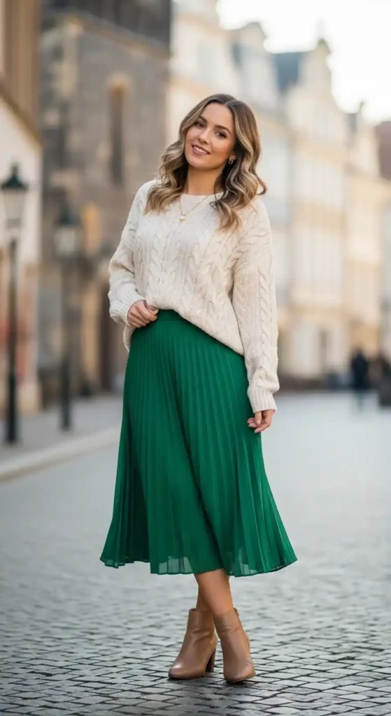 green-pleated-skirt-with-neutral-sweater
