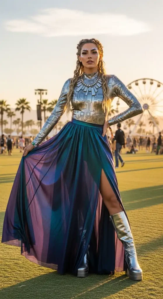 metallic-bodysuit-with-flowing-skirt