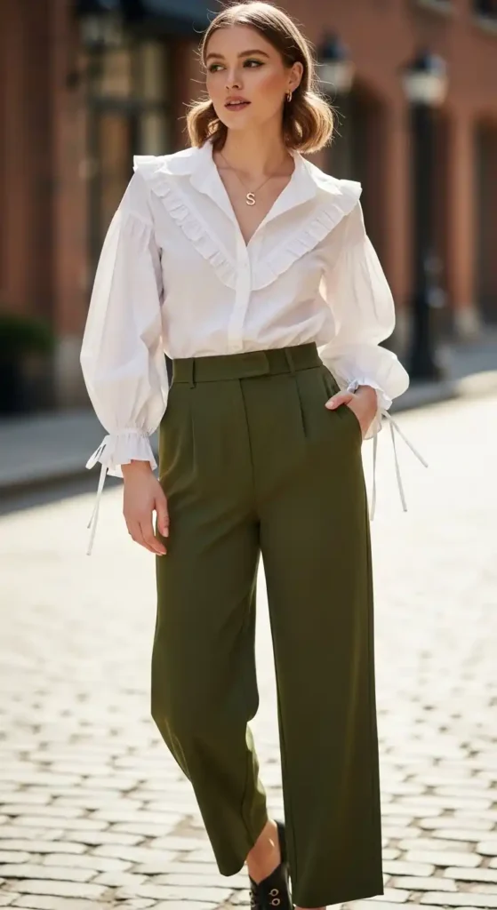 olive-green-trousers-with-white-blouse