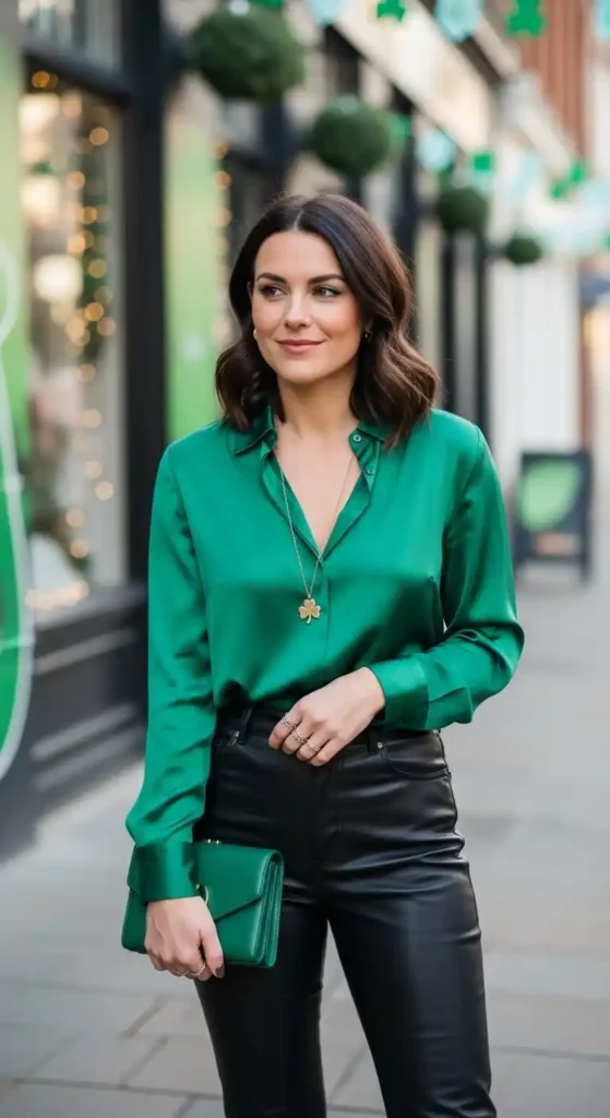 satin-green-blouse-with-leather-pants