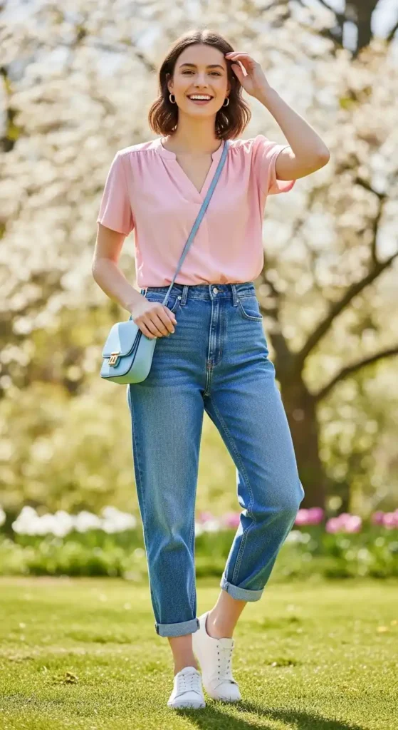 high-waist-jeans-with-pastel-blouse