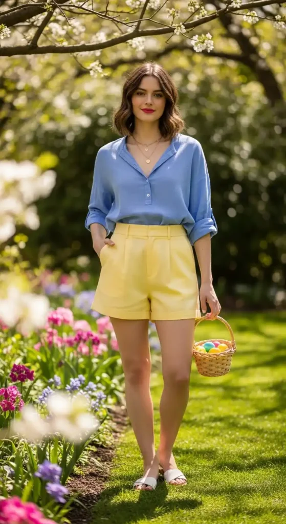 linen-shorts-with-button-up-blouse